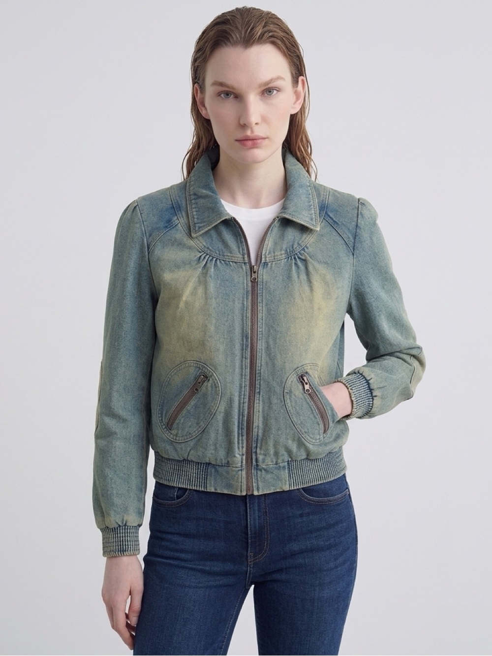 NWOT Delia’s XL Faded Denim Bomber Jacket with Zip Front